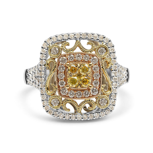 Close-up front view of a multi-metal ring featuring a square design with red and yellow metal accents, central cluster of yellow gemstones, surrounded by rows of white gemstones in prong settings.