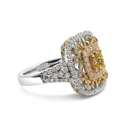 Close-up side angled view of a ring featuring an intricate design with white, yellow, and rose metal colors. The top is adorned with prong-set round white gemstones around the edges and center, with a cluster of prong-set round yellow gemstones in the middle, surrounded by ornate scrollwork. The band also has prong-set round white gemstones.
