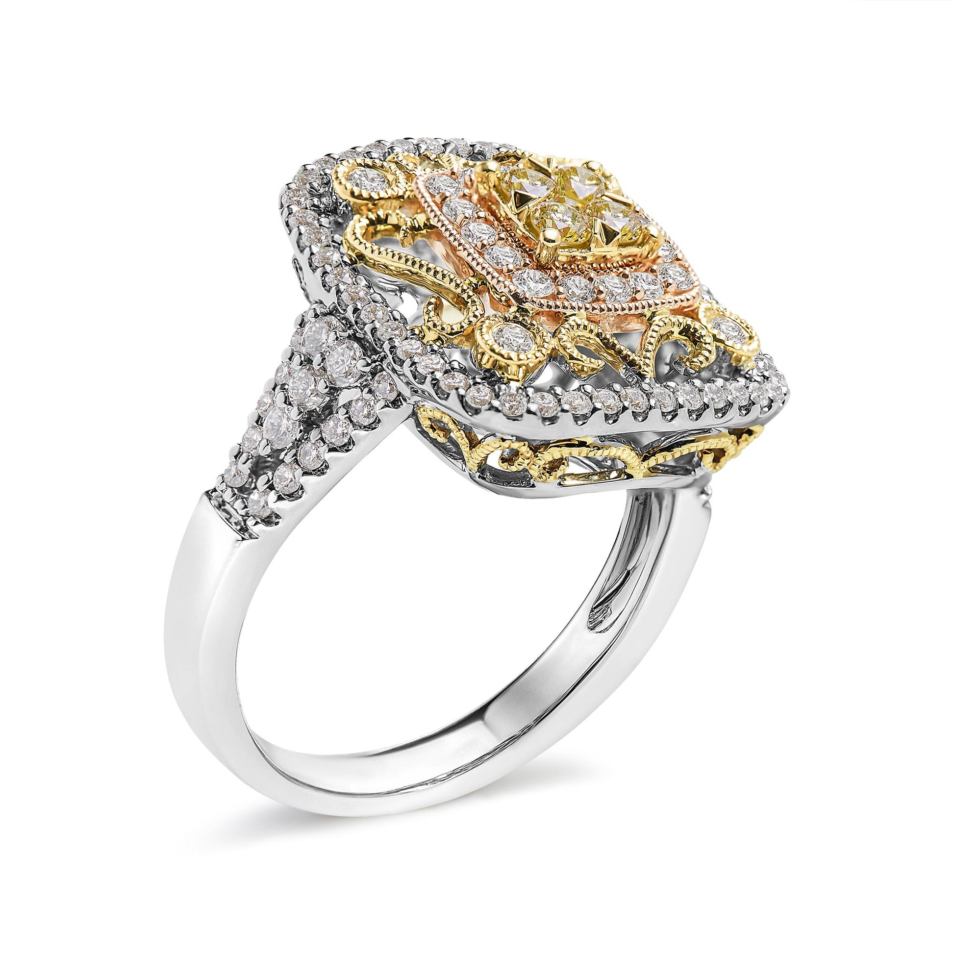 Ring with a white metal band, featuring intricate yellow and rose metal detailing on the top, adorned with round white and yellow gemstones in prong settings, shown at a three-quarter angle.