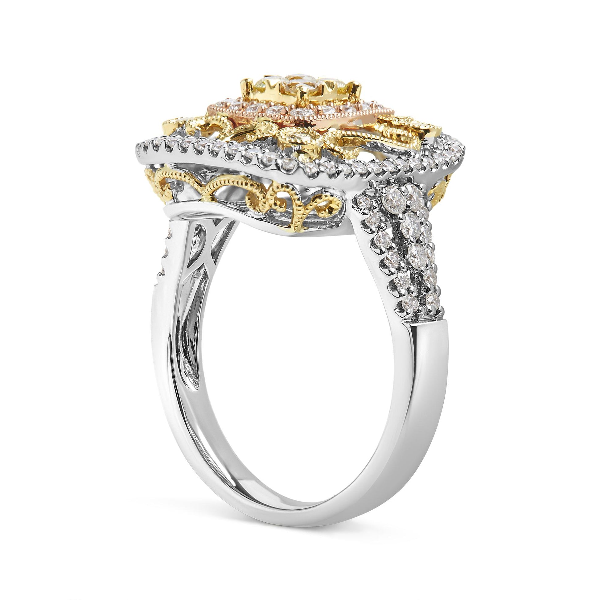 Side angle view of a ring with a white metal band, featuring intricate yellow and rose metal detailing on the top, adorned with prong-set round white and yellow gemstones.
