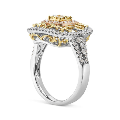Side angle view of a ring with a white metal band, featuring intricate yellow and rose metal detailing on the top, adorned with prong-set round white and yellow gemstones.