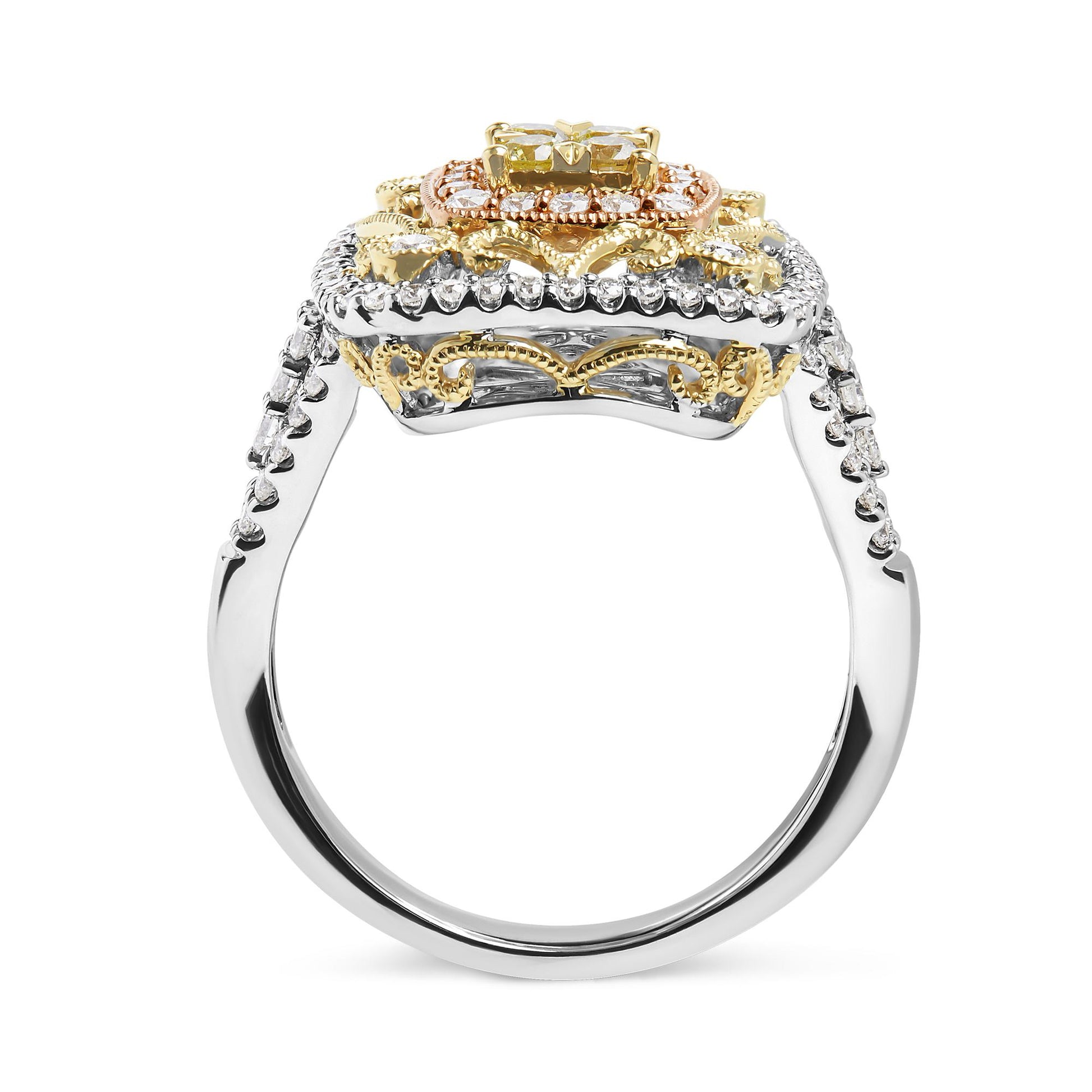 Side angle close-up of a multi-colored metal ring with an intricate design featuring round white and yellow gemstones along the band and atop the detailed setting.