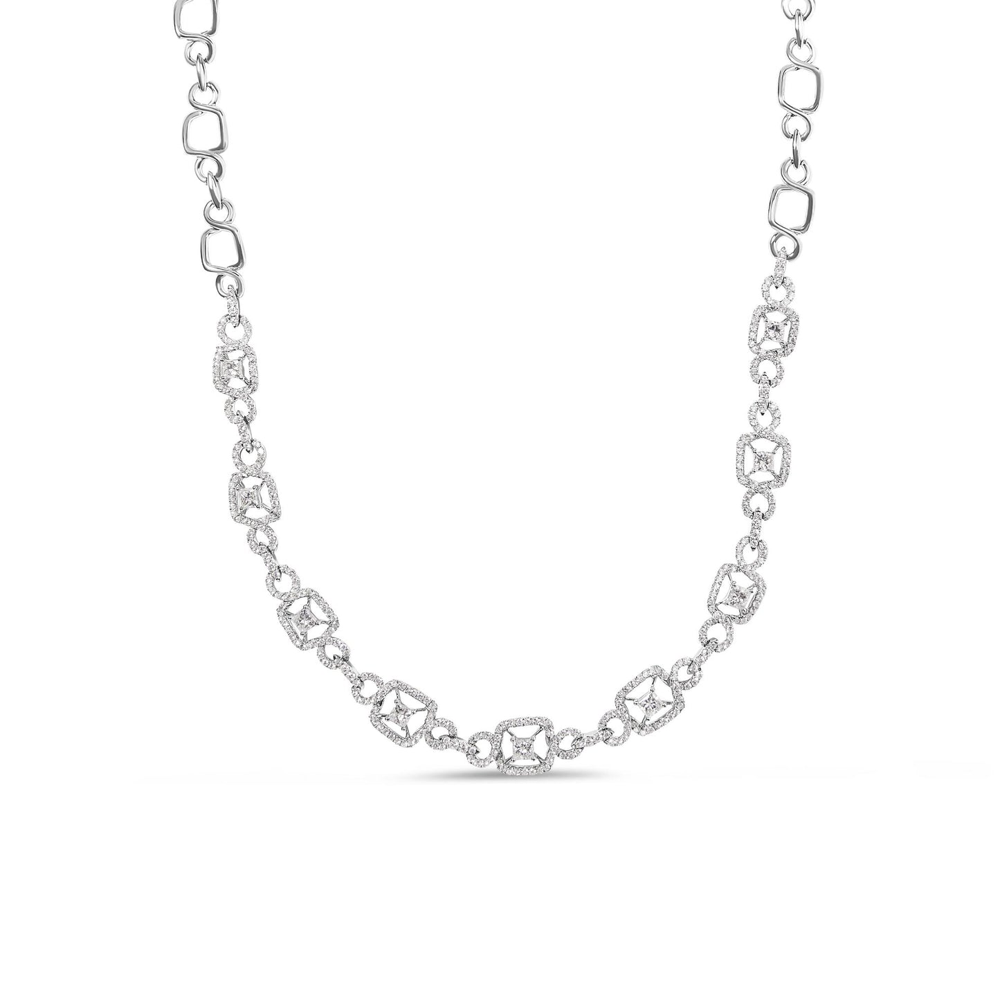 Front-facing shot of a white necklace featuring alternating square and round links adorned with white round and princess-shaped gemstones in prong settings.