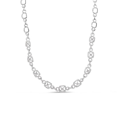 Front-facing shot of a white necklace featuring alternating square and round links adorned with white round and princess-shaped gemstones in prong settings.