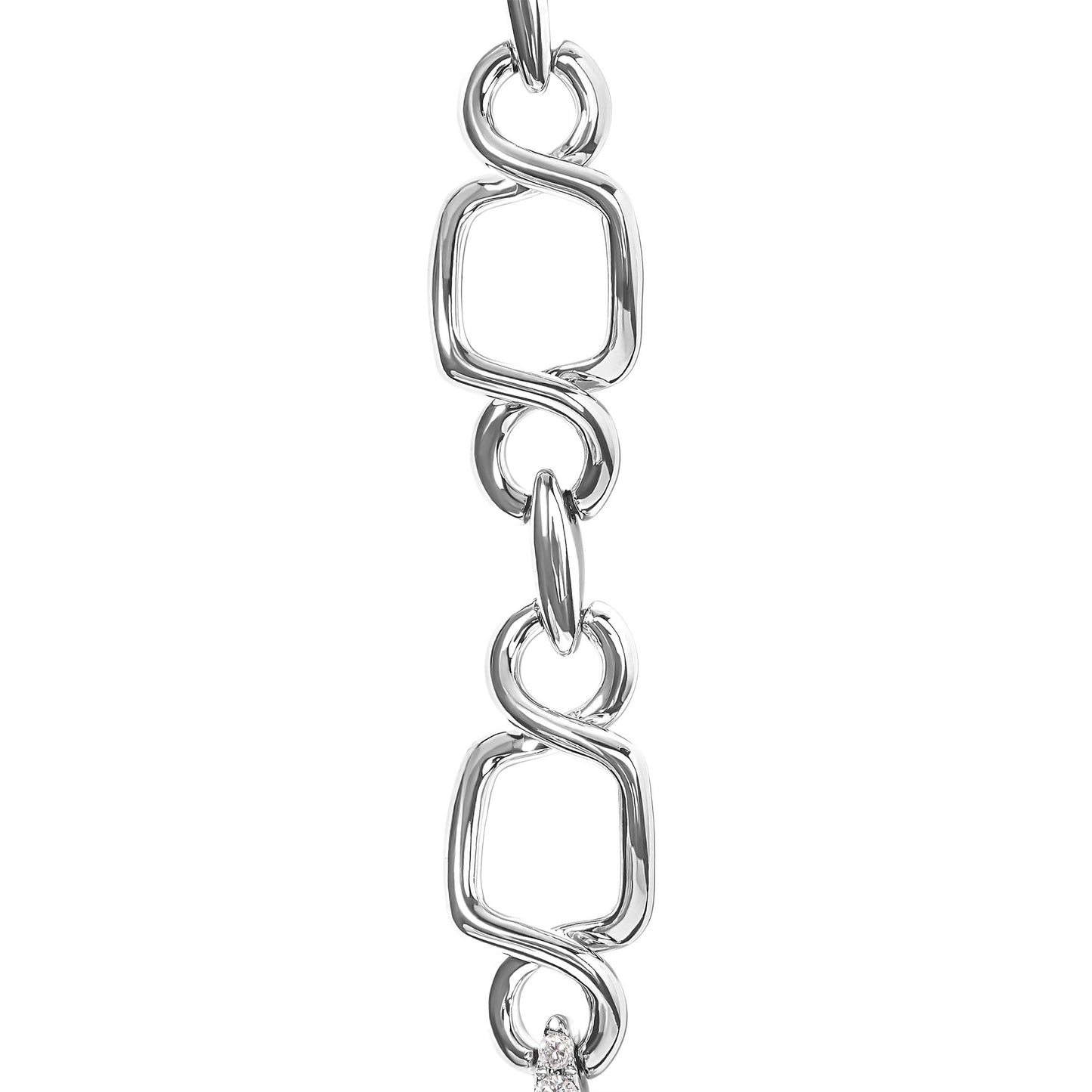 Close-up front angle of a white metal necklace chain featuring irregular square links connected by twisted loops.