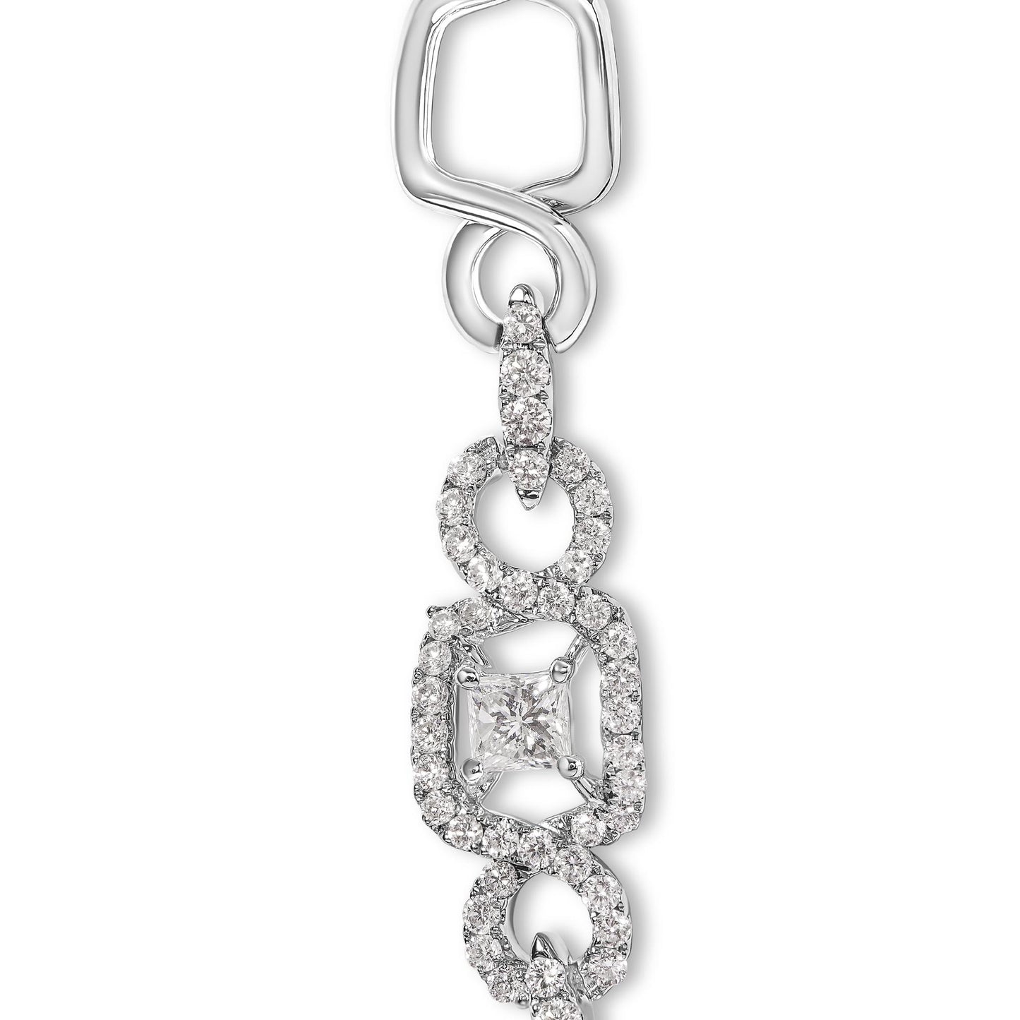 Close-up front view of a white metal necklace featuring a princess-cut white gemstone in a prong setting, surrounded by a looped design encrusted with round white gemstones in prong settings.