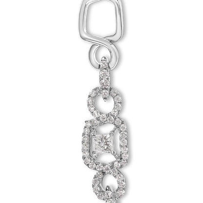 Close-up front view of a white metal necklace featuring a princess-cut white gemstone in a prong setting, surrounded by a looped design encrusted with round white gemstones in prong settings.