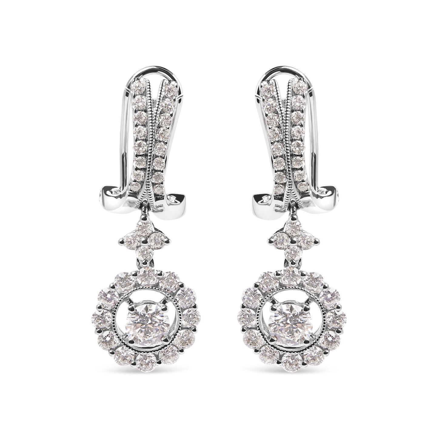 Front view of white metal drop earrings with round white gemstones in prong settings, featuring a small cluster above a circular gemstone halo with a larger central gemstone.
