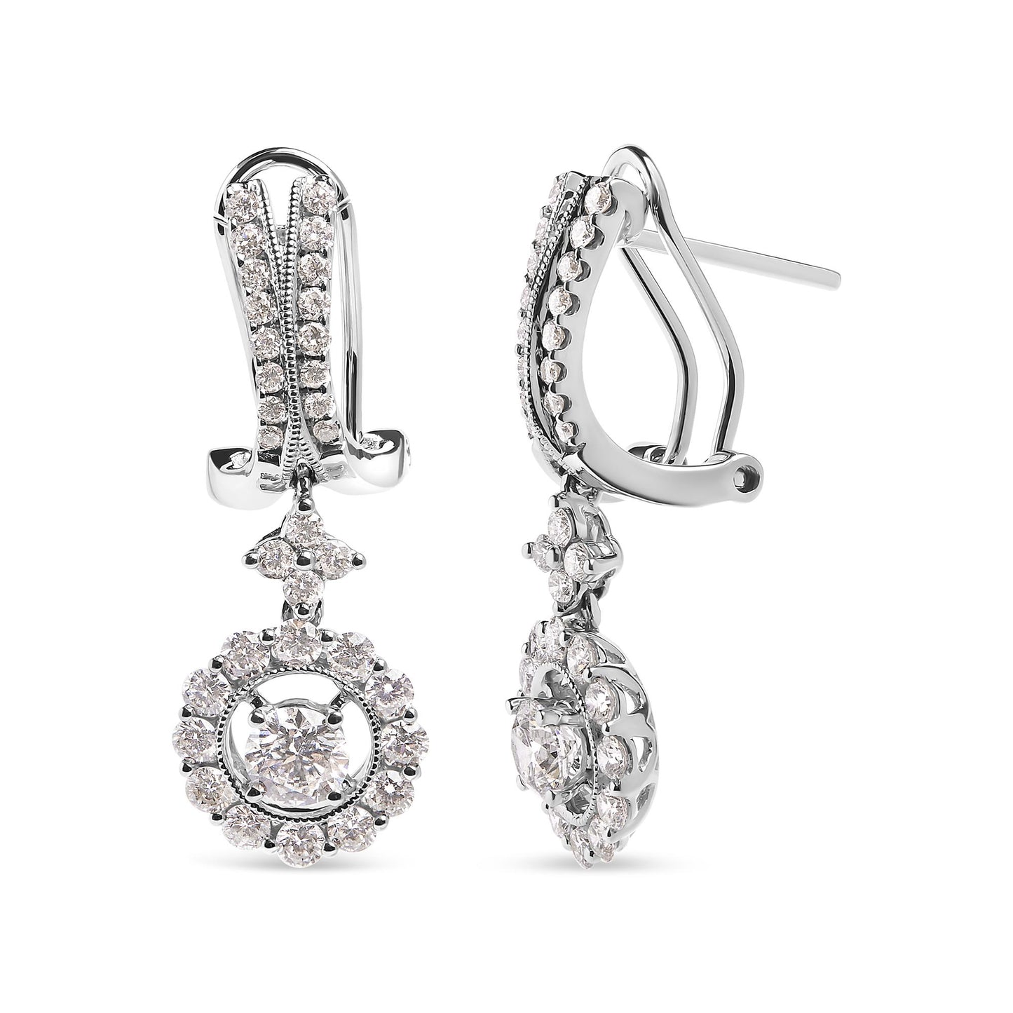 Front and side view of white metal drop earrings with round white gemstones in prong settings, featuring a circular gemstone cluster and rows of smaller gemstones on the upper part, shown against a white background.
