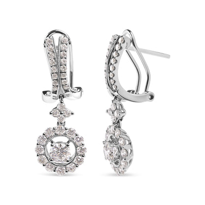 Front and side view of white metal drop earrings with round white gemstones in prong settings, featuring a circular gemstone cluster and rows of smaller gemstones on the upper part, shown against a white background.