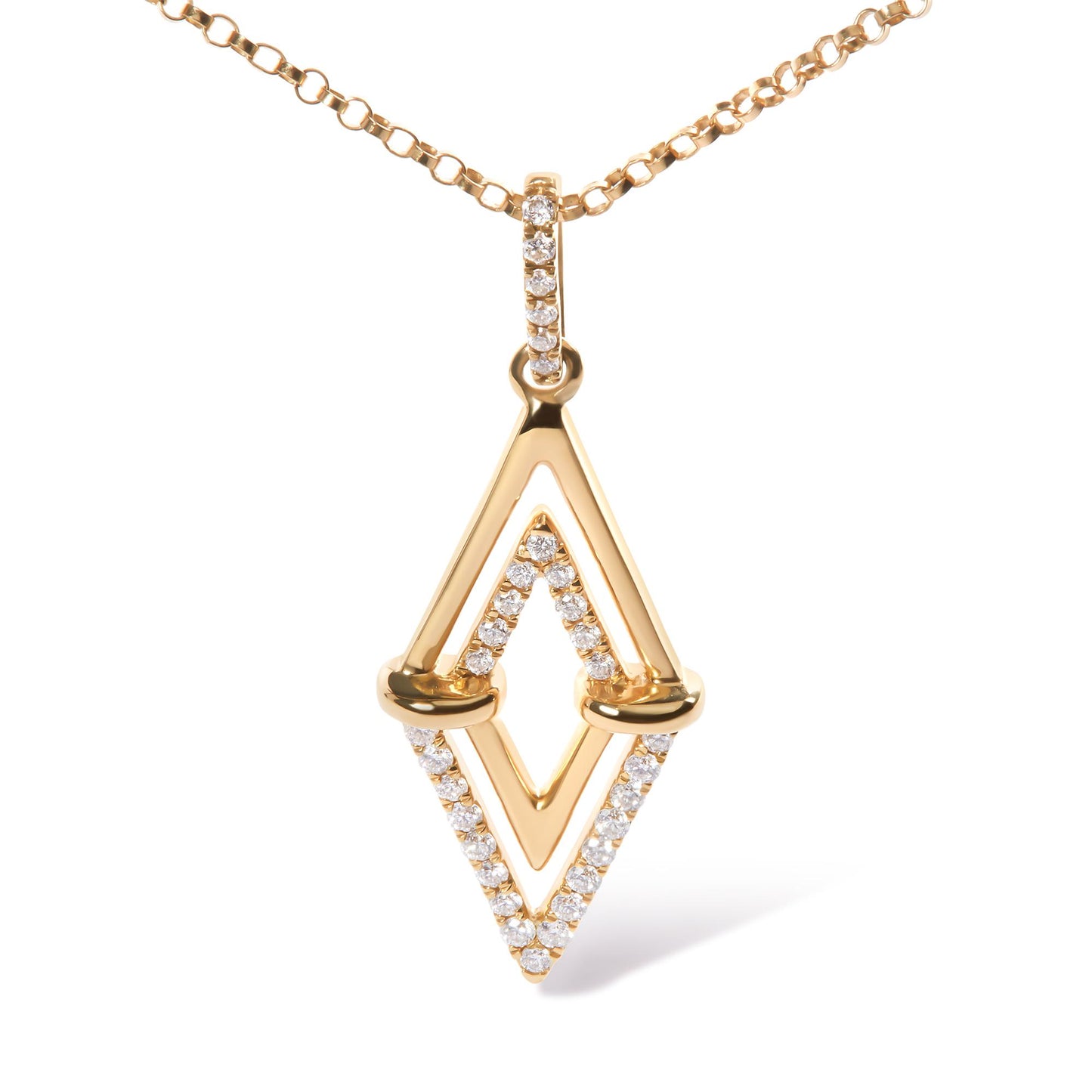 Front-facing shot of a yellow metal necklace pendant with a geometric diamond-shaped design accented with round white gemstones in prong settings along the outer edges and bail.