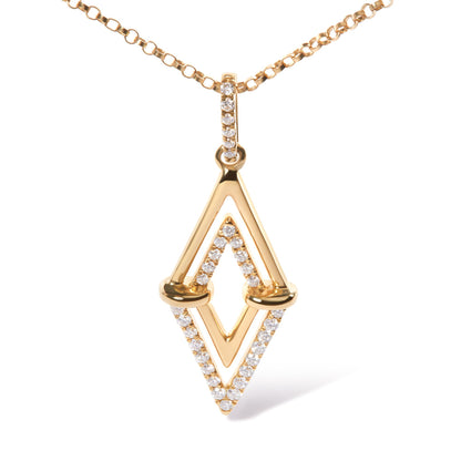 Front-facing shot of a yellow metal necklace pendant with a geometric diamond-shaped design accented with round white gemstones in prong settings along the outer edges and bail.