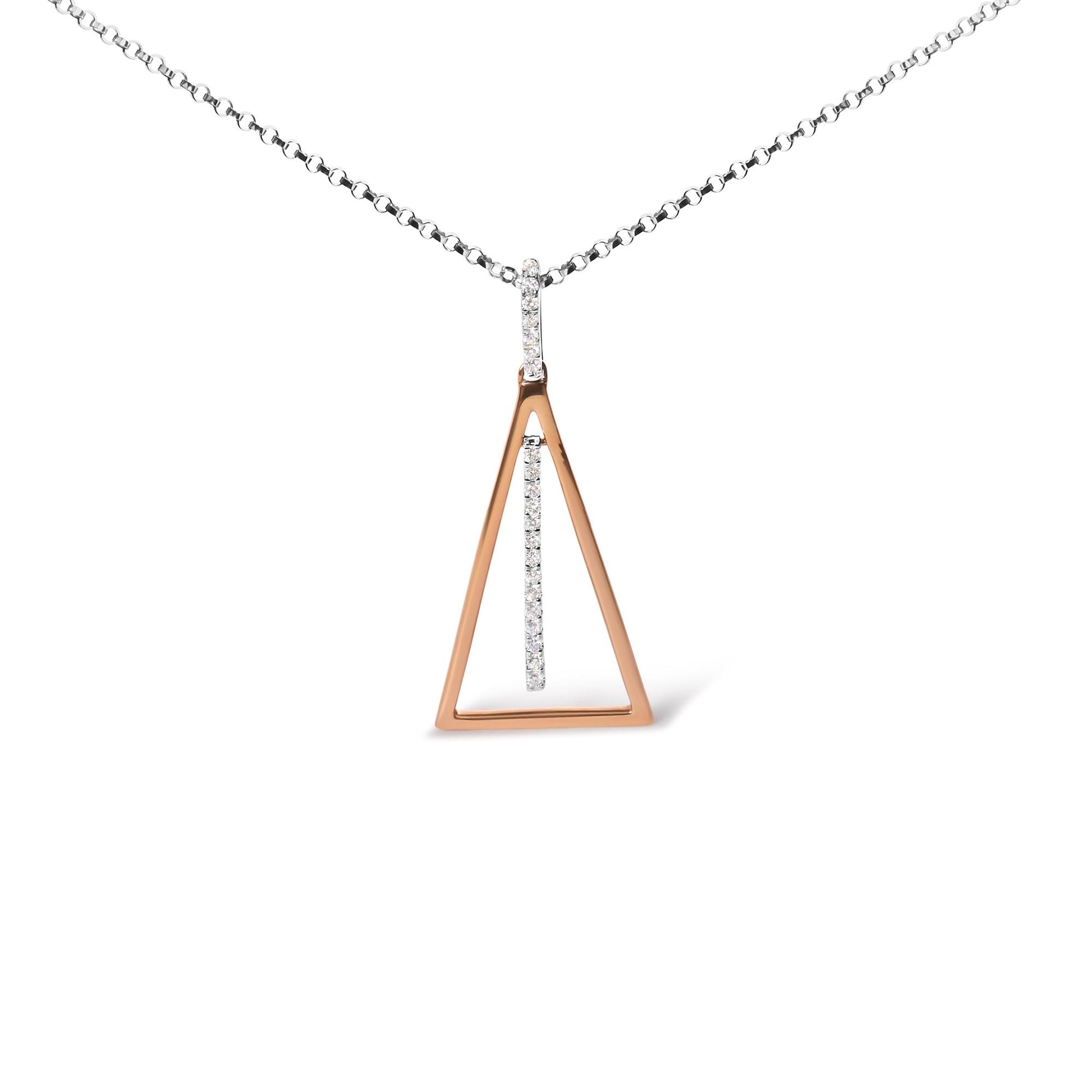 Front-facing close-up of a dual-tone necklace with a rose-colored triangular open pendant and a vertical bar adorned with pave-set white round gemstones, hanging from a white metal chain.