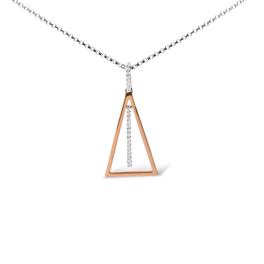 Front-facing close-up of a dual-tone necklace with a rose-colored triangular open pendant and a vertical bar adorned with pave-set white round gemstones, hanging from a white metal chain.