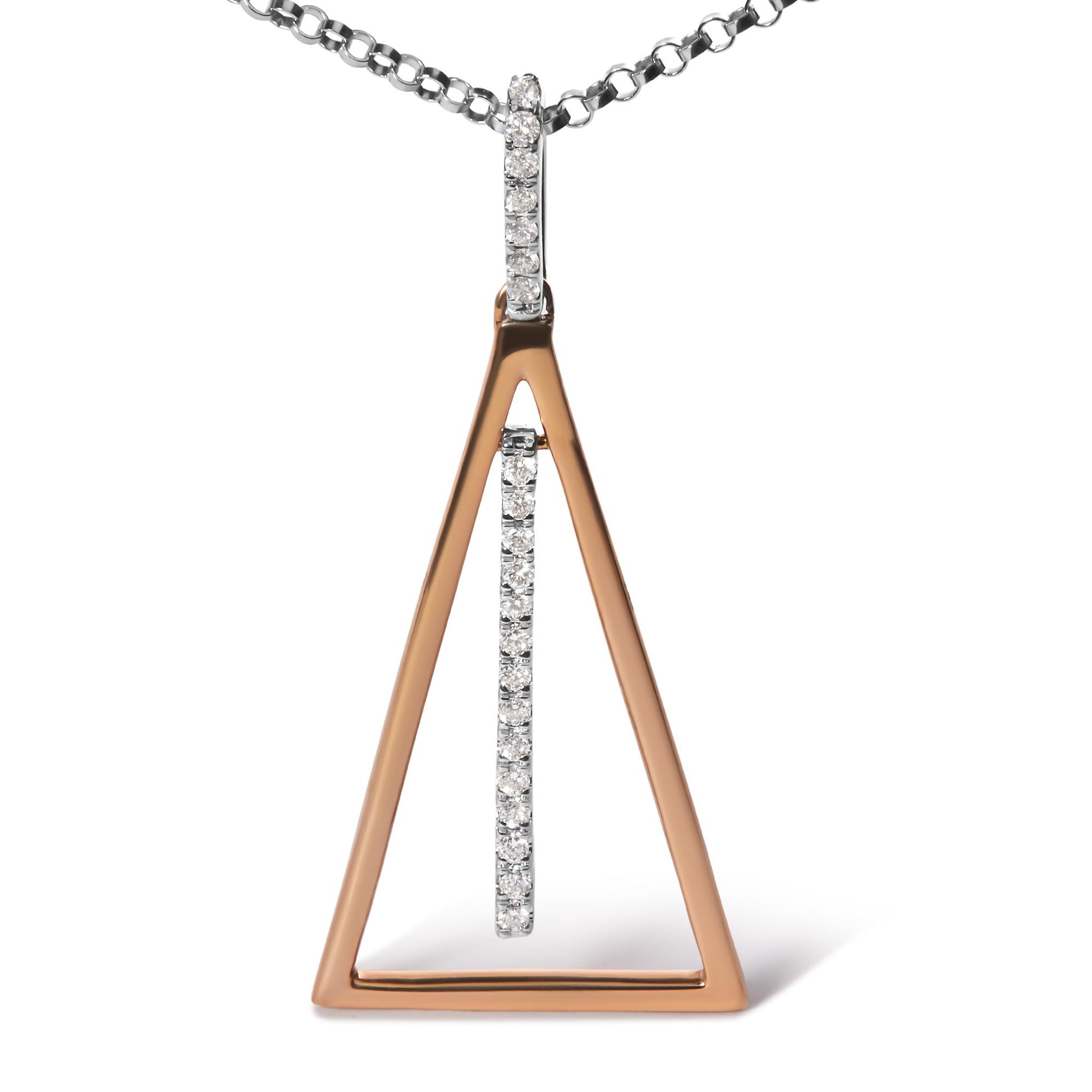 Front view of a necklace pendant with an open triangle shape in rose metal and an inner vertical bar in white metal set with round white gemstones, shown against a white background.