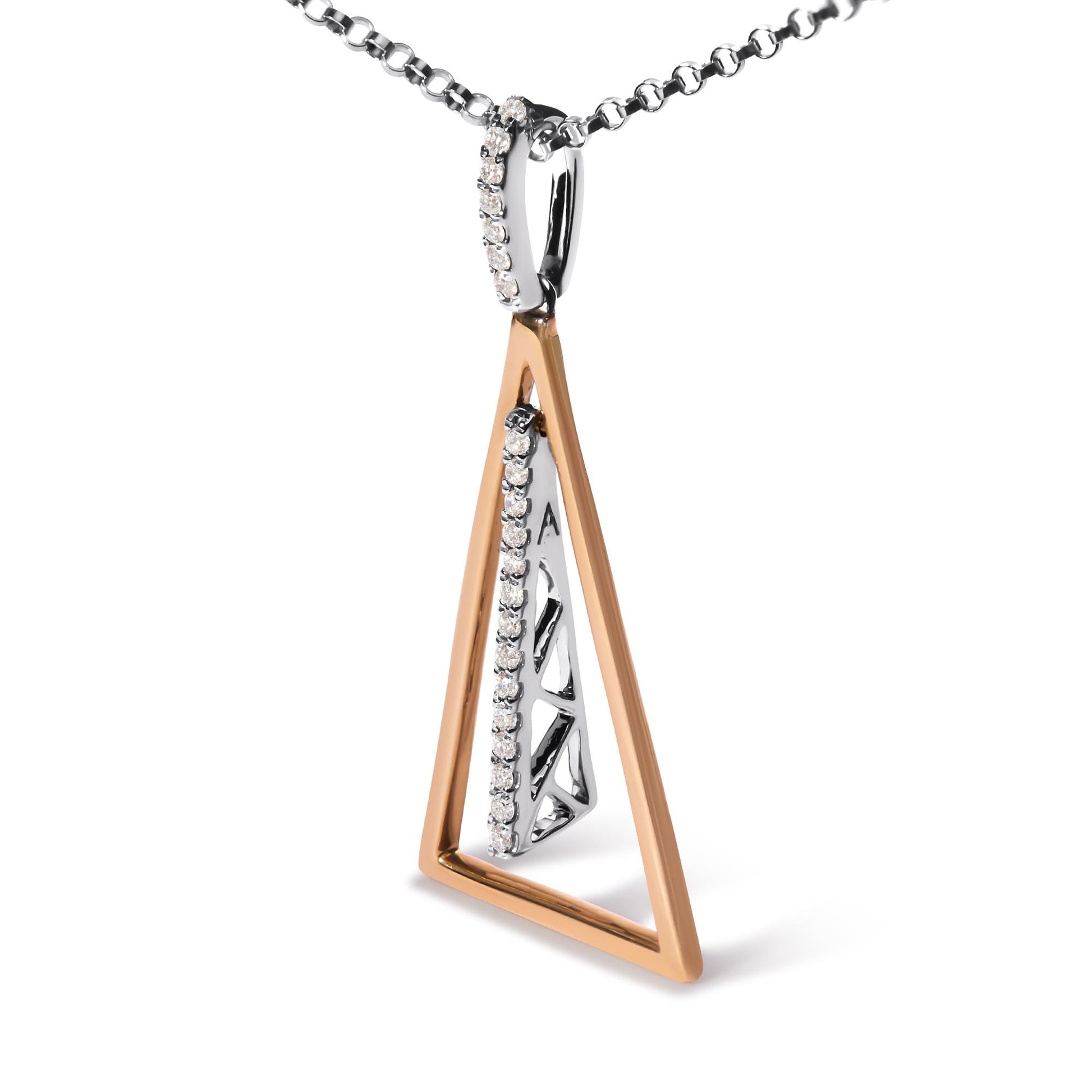 Close-up angle of a two-tone necklace pendant featuring an open triangular rose-colored frame with a white triangular inner piece adorned with a vertical line of small round white gemstones, hanging from a white gemstone-accented bail on a chain.