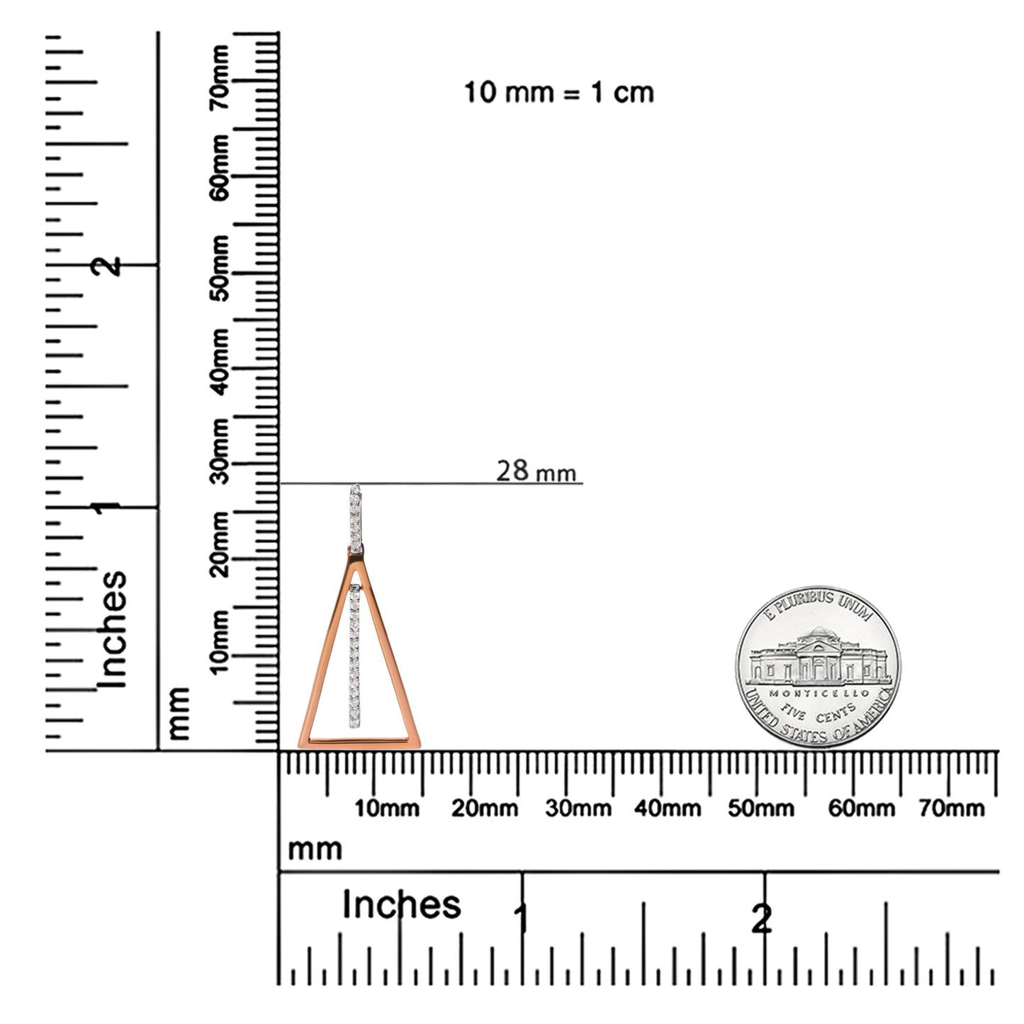 Pendant necklace with rose and white metal featuring a triangular frame and a vertical bar set with white round pave gemstones, shown on a ruler and scale for size reference, front angle.