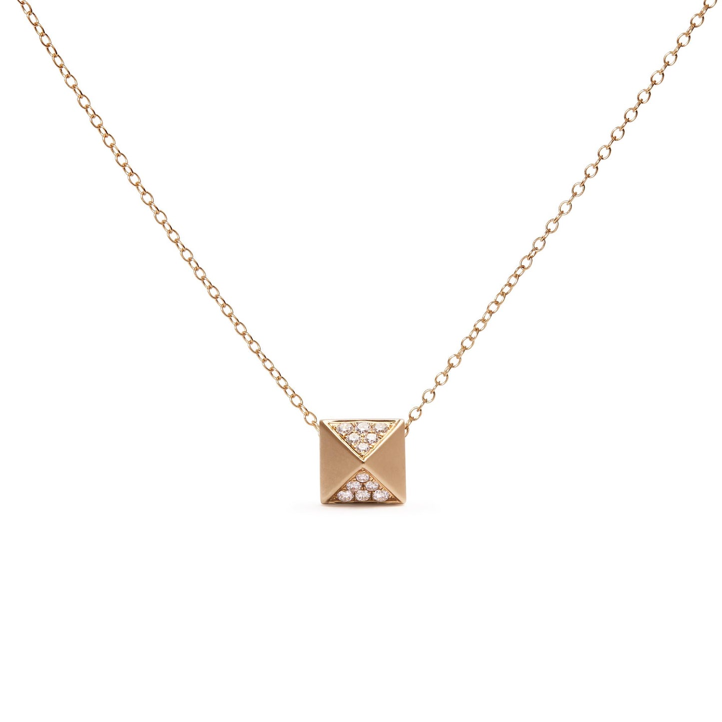 Front-facing shot of a yellow metal necklace with a square pendant featuring two triangular sections pavé set with small white gemstones.