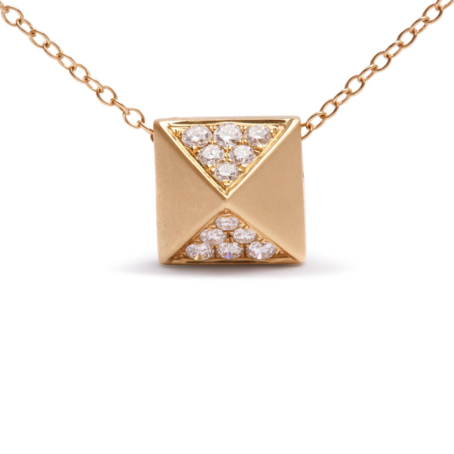 Close-up front view of a yellow metal necklace with a square pendant featuring two triangular sections set with small round white gemstones in a pave setting.