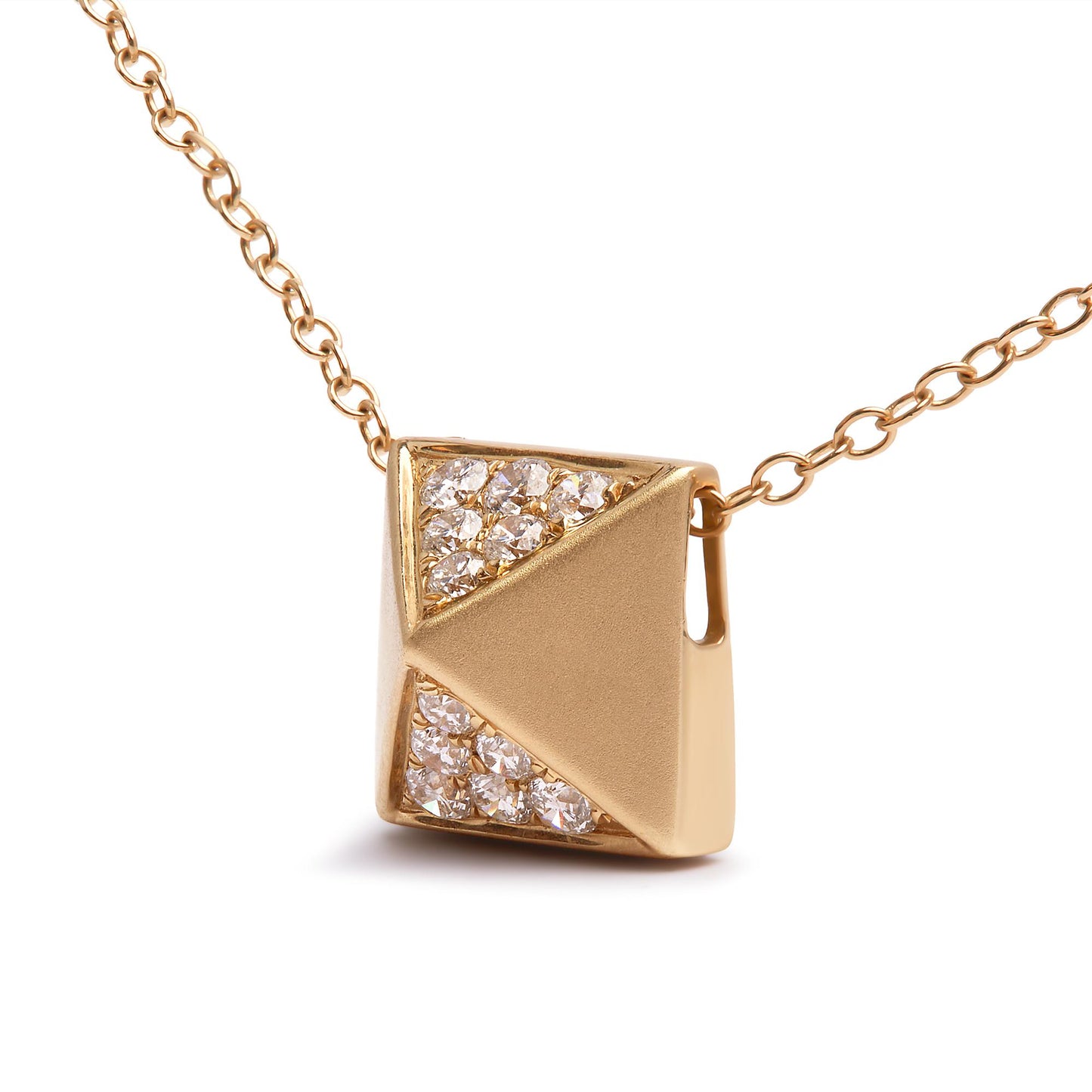 Yellow necklace with a square pendant featuring a geometric design, two triangular sections with white round pave-set gemstones, shown in a close-up angled front view.