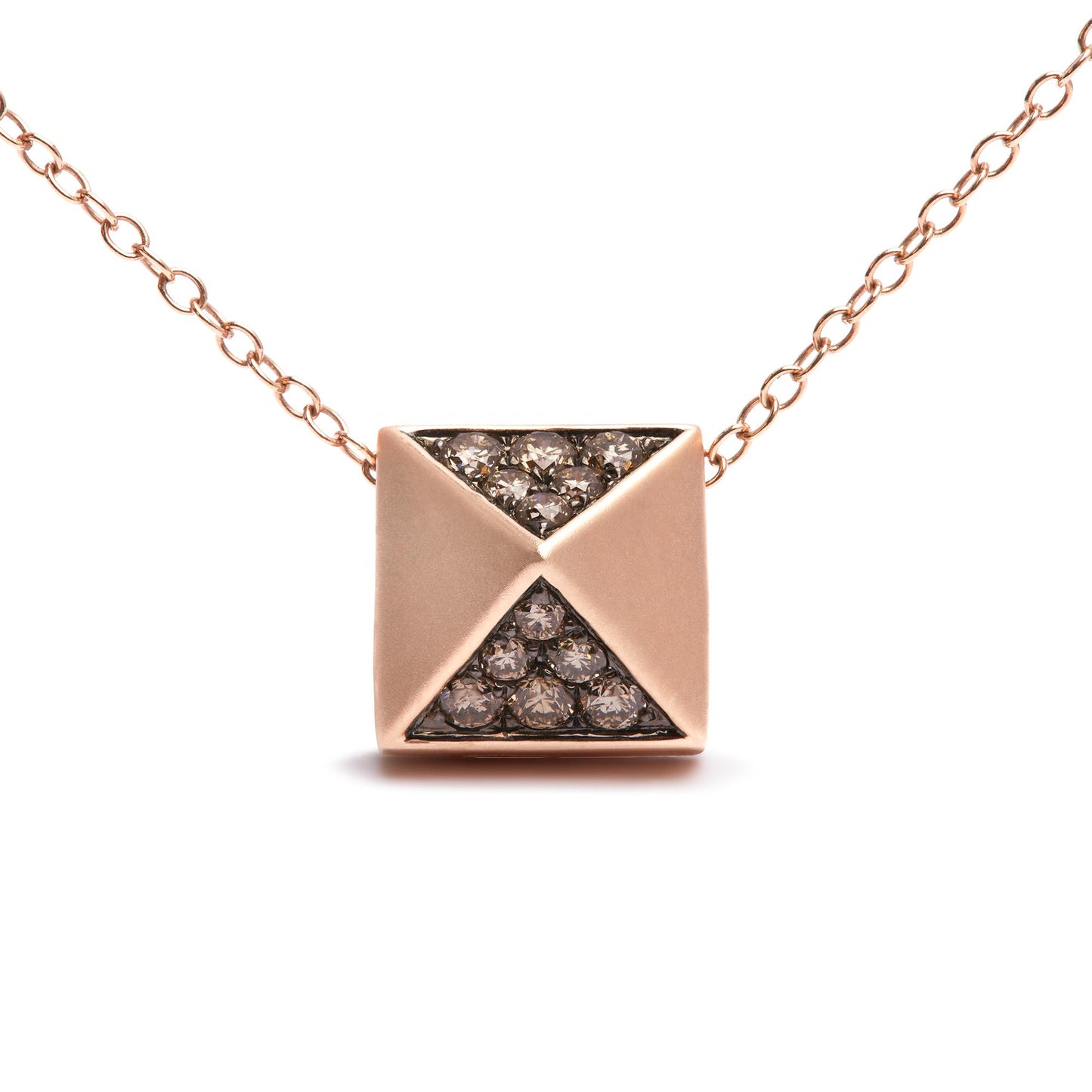 Front view of a rose-colored necklace with a square pendant featuring two triangular sections inset with round, brown pave-set gemstones.