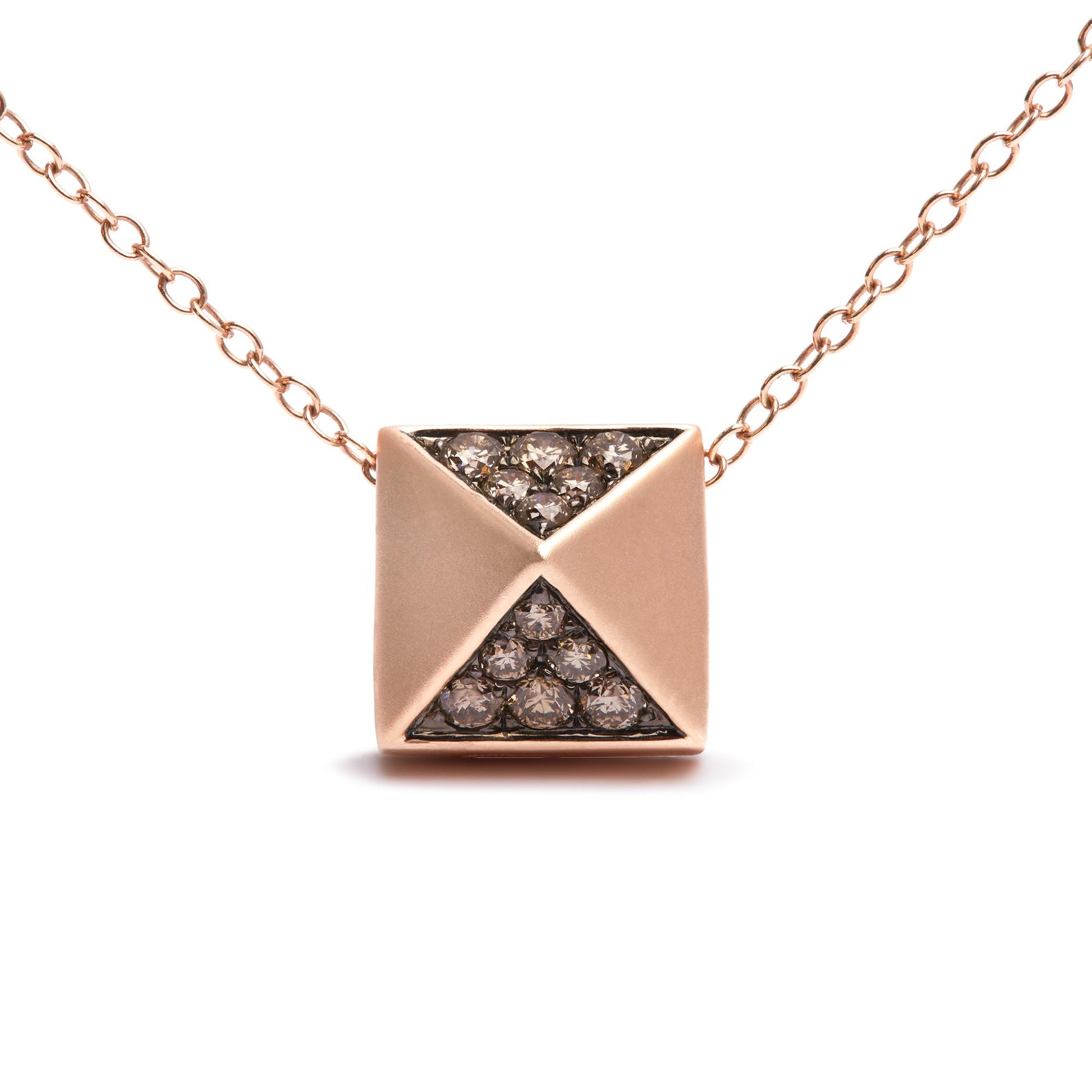 Front view of a rose-colored necklace with a square pendant featuring two triangular sections inset with round, brown pave-set gemstones.