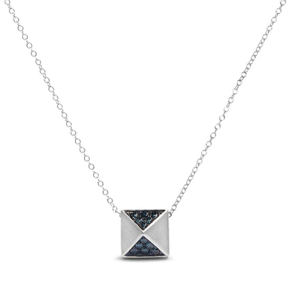 Front-facing view of a white necklace with a square pendant featuring pave-set round blue gemstones on two triangular sections.