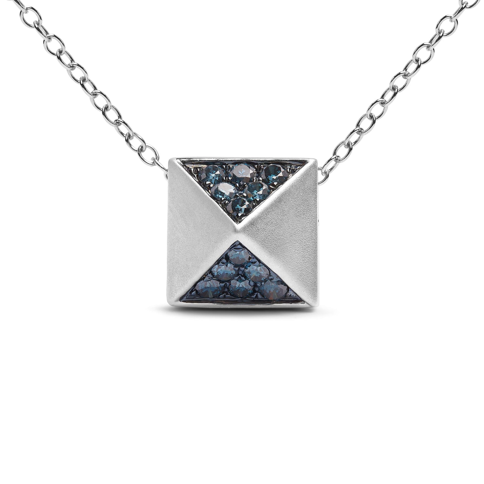 Front view of white metal necklace with square pendant featuring two triangular sections set with round blue gemstones in a pave setting.