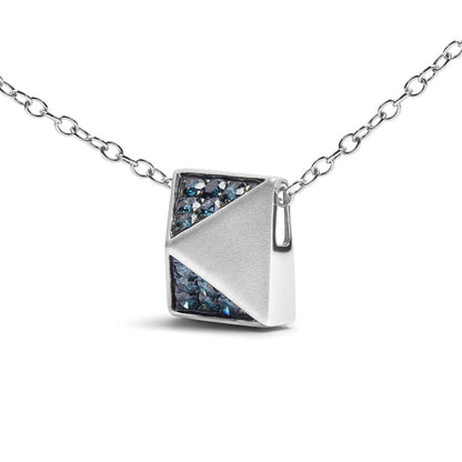 Close-up front view of a white metal necklace with a square pendant featuring a triangle of pave-set round blue gemstones and a smooth triangular section.