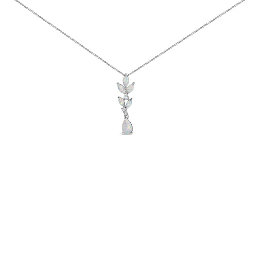 Front view of 925 sterling silver created white opal and white sapphire leaf drop pendant necklace on white background