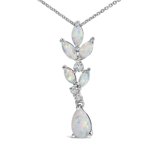 925 Sterling Silver Created White Opal and White Sapphire Leaf Drop Pendant Necklace