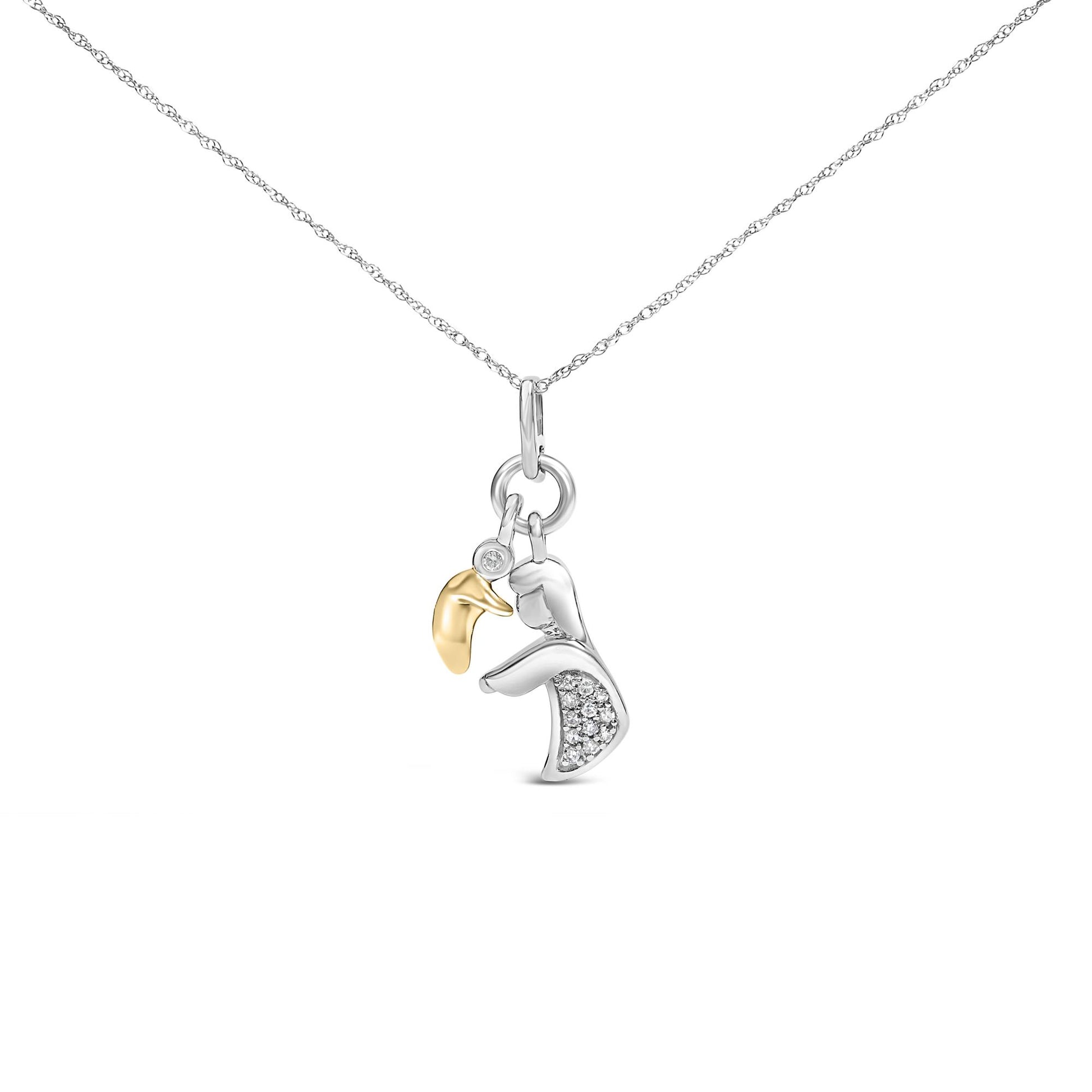 Front view of a yellow metal necklace with a pendant featuring two charms, one with a single round white gemstone in bezel setting, and the other with multiple round white gemstones in pave setting.