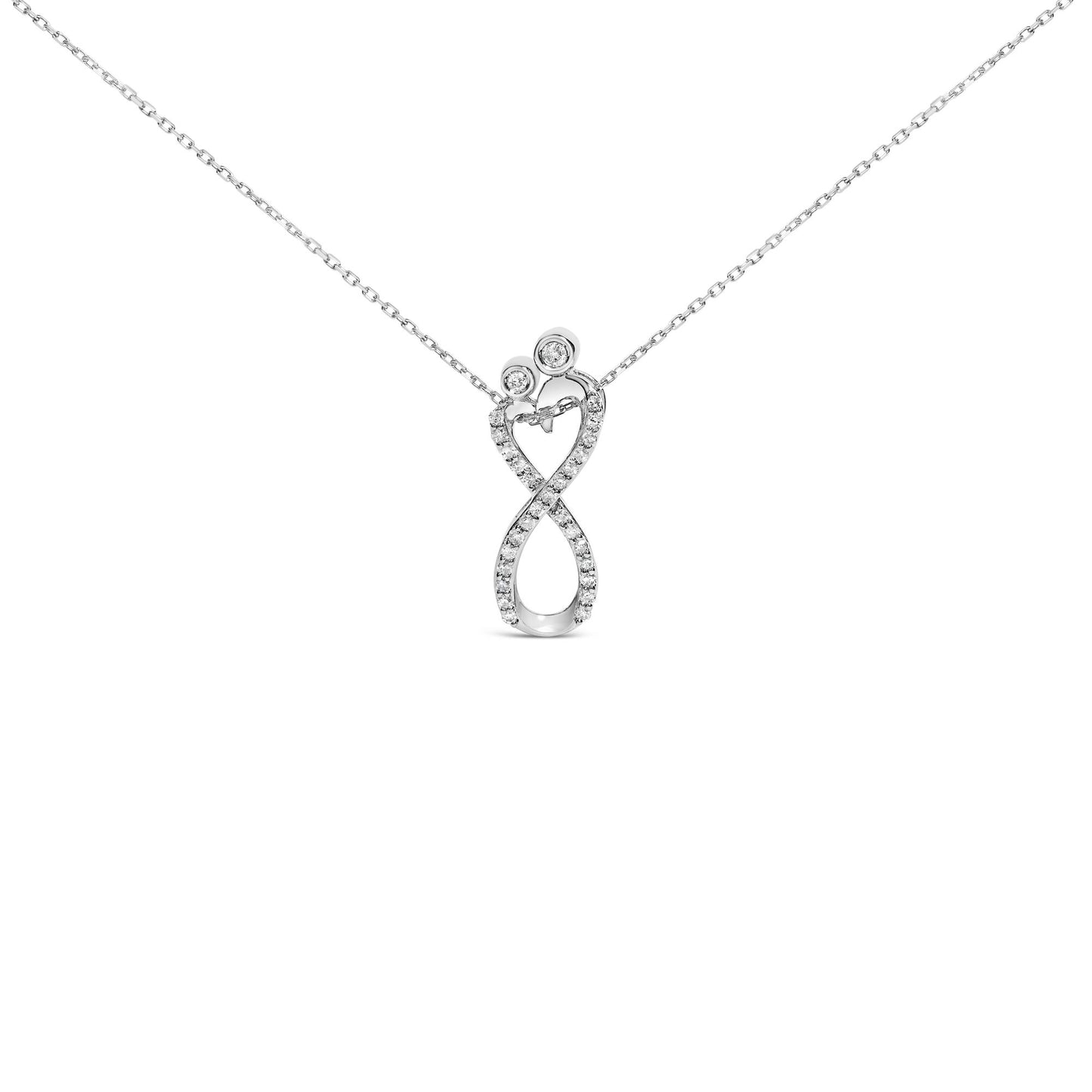 Front view of a white metal necklace pendant in an infinity loop shape, adorned with round white gemstones in bezel and shared prong settings along the loop.