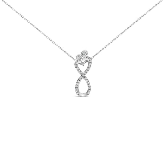 Front view of a white metal necklace pendant in an infinity loop shape, adorned with round white gemstones in bezel and shared prong settings along the loop.