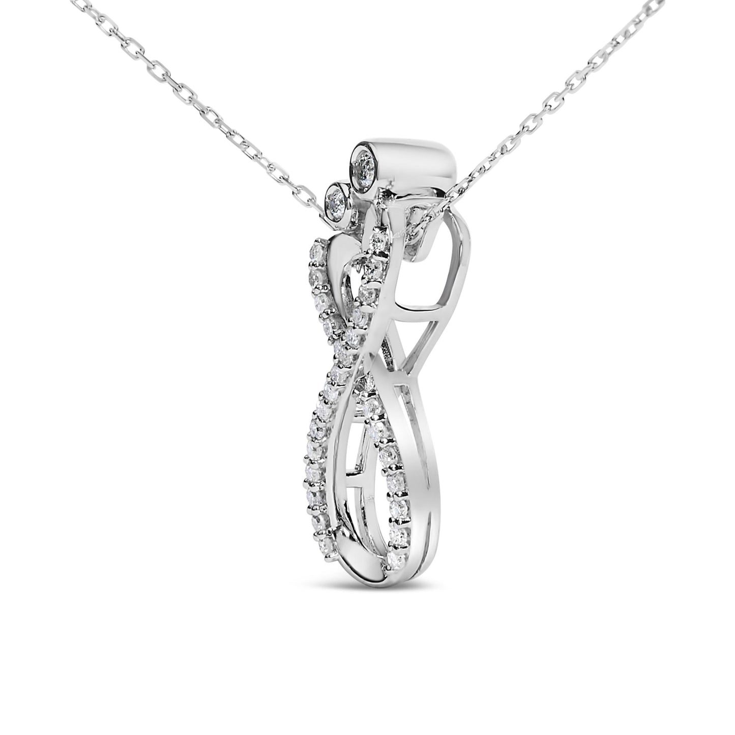 Close-up front angle of a white metal necklace pendant featuring a twisted loop design adorned with round white gemstones in bezel and shared prong settings, shown on a white background.