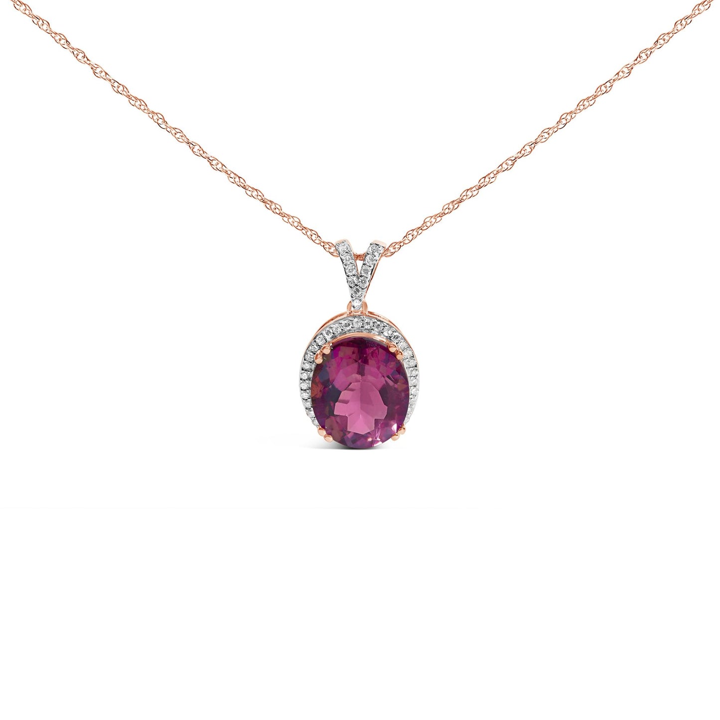 Close-up front view of a rose-colored necklace with an oval pink gemstone pendant surrounded by small white gemstones.