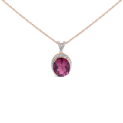 Close-up front view of a rose-colored necklace with an oval pink gemstone pendant surrounded by small white gemstones.