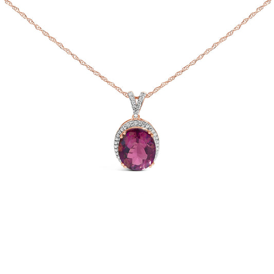 Close-up front view of a rose-colored necklace with an oval pink gemstone pendant surrounded by small white gemstones.