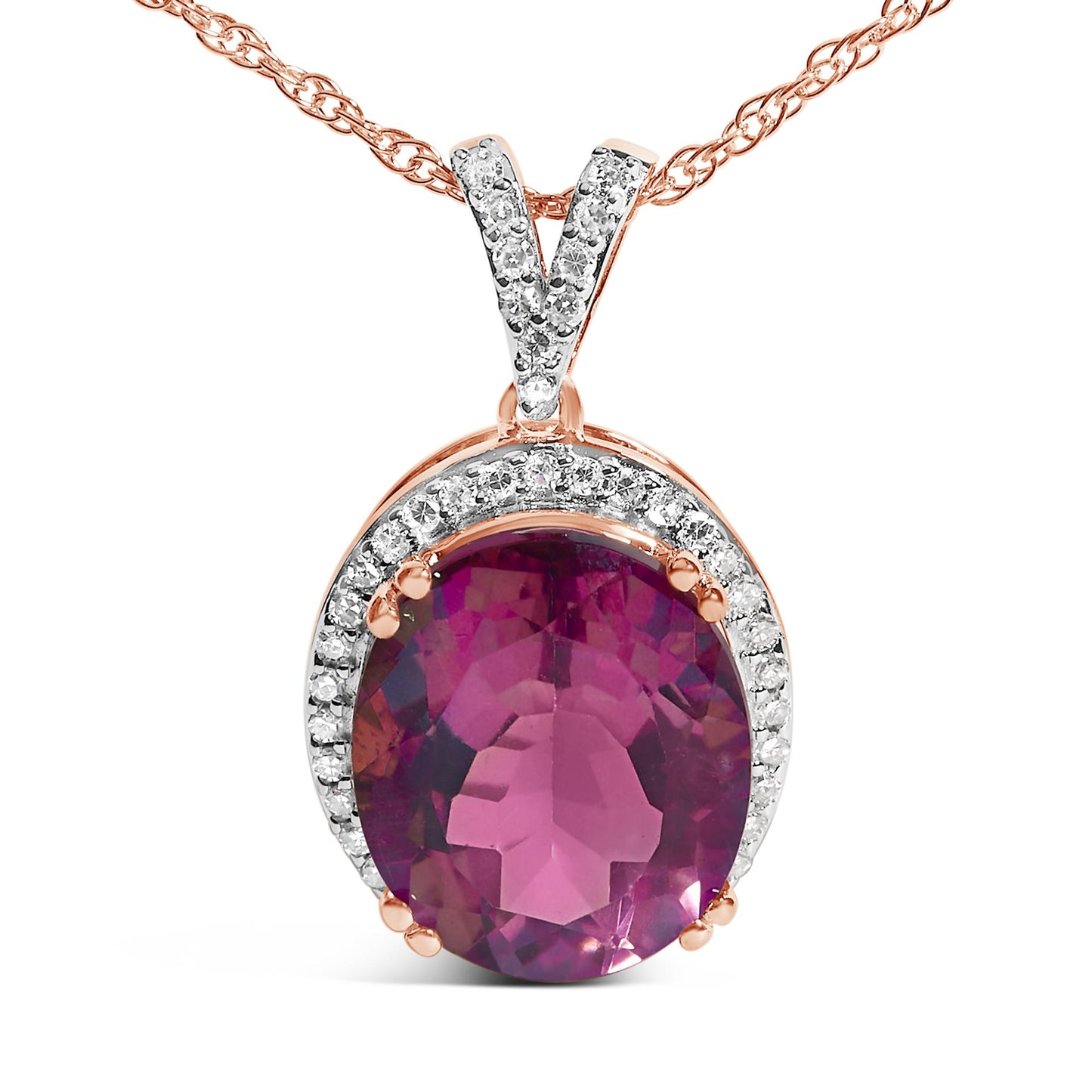 Close-up front view of a rose metal necklace pendant featuring an oval pink gemstone in a prong setting surrounded by a halo of small white round gemstones, also prong set.