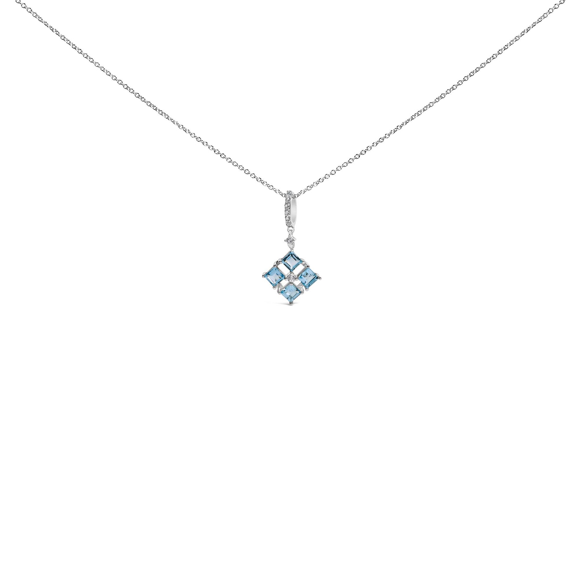 White necklace with a square-shaped pendant featuring four blue square gemstones and several small white round gemstones, shown in a front-facing view on a white background.