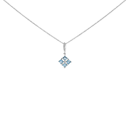 White necklace with a square-shaped pendant featuring four blue square gemstones and several small white round gemstones, shown in a front-facing view on a white background.