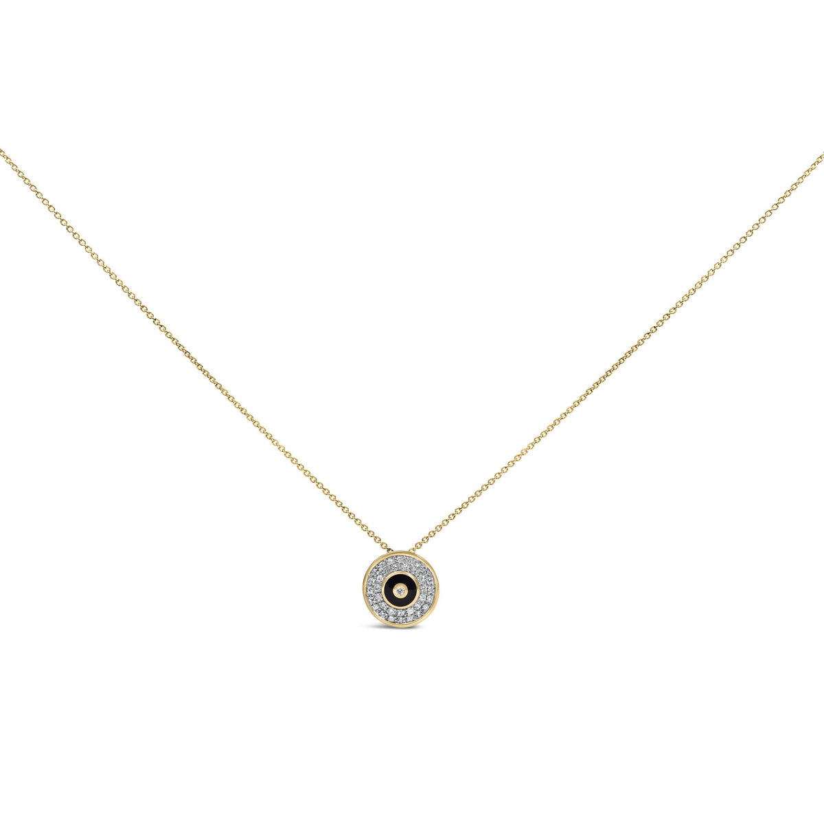 Close-up front view of a yellow chain necklace with a round pendant featuring a bezel-set center white gemstone surrounded by prong-set white gemstones.