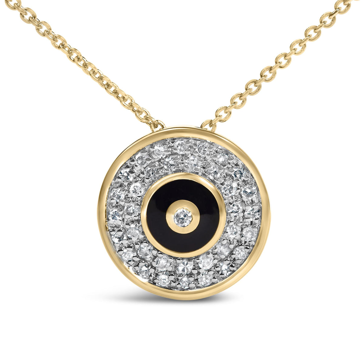 Close-up front angle of a yellow metal necklace with a circular pendant, featuring a center black circle outlined with a round white gemstone in bezel setting, surrounded by numerous small round white gemstones in prong settings, shown on a white background.