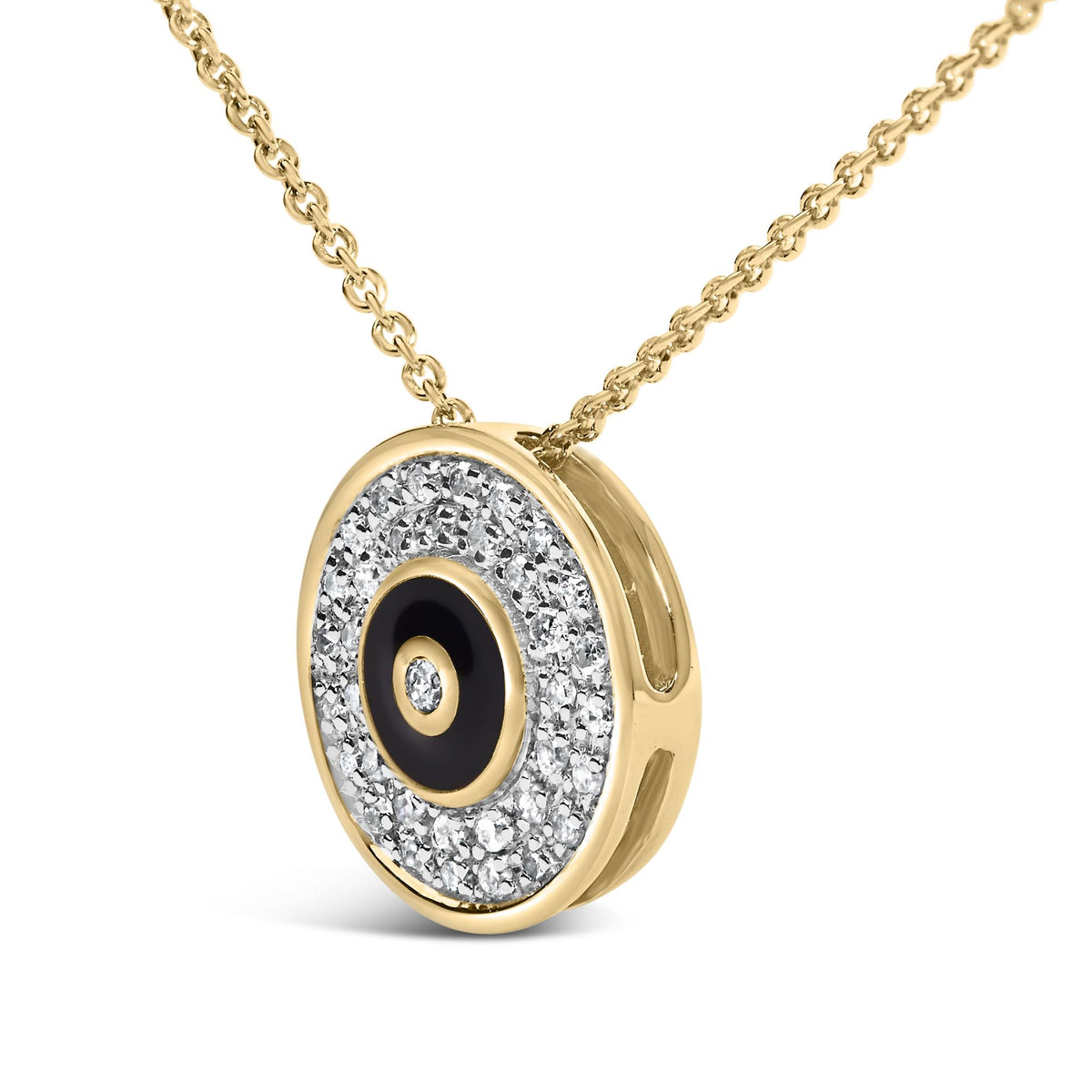 Close-up front angle of a yellow metal necklace with a circular pendant featuring a black center, surrounded by a spiral of white gemstones in prong and bezel settings, shown on a white background.