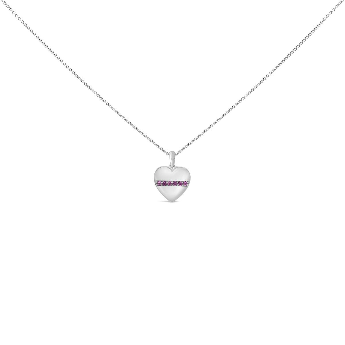 Sterling Silver Pink Sapphire Bar Heart Pendant Necklace