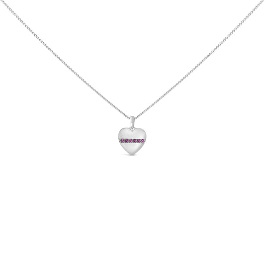 Front view of sterling silver diamond accent created pink sapphire angel heart pendant necklace on a white background