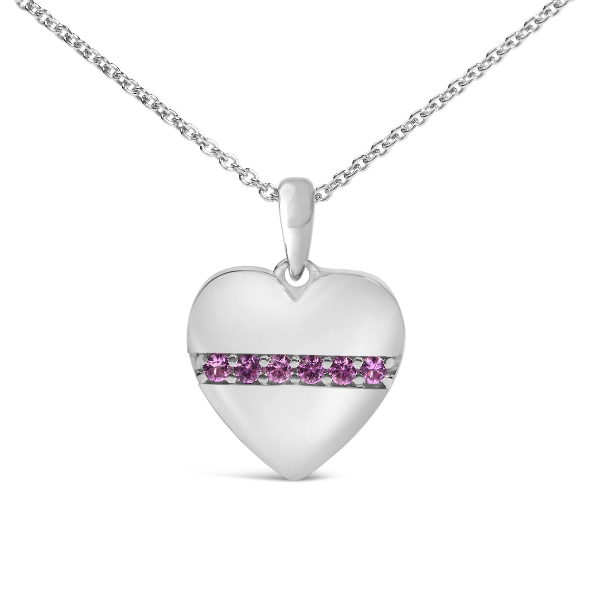 Sterling Silver Pink Sapphire Bar Heart Pendant Necklace
