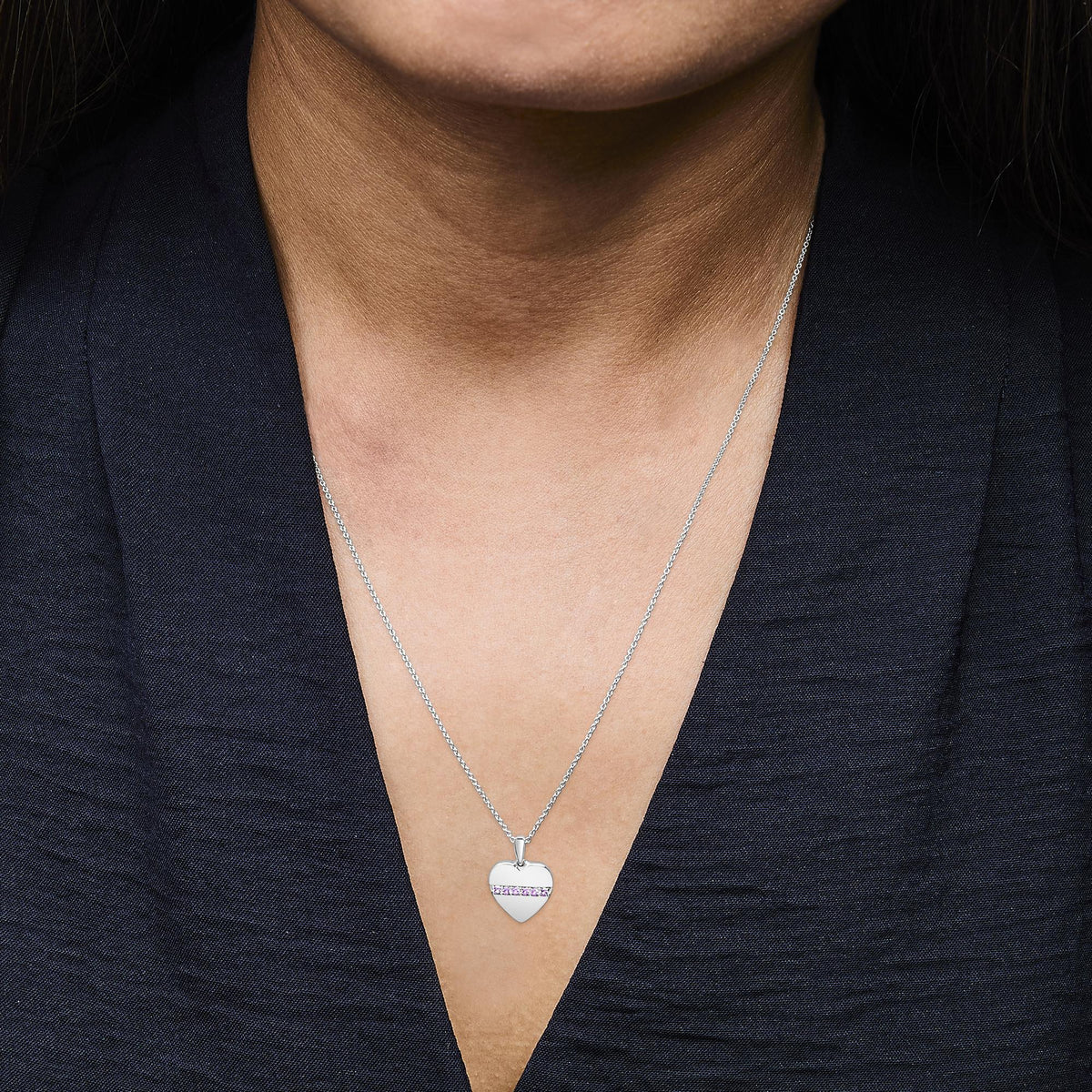 Sterling Silver Pink Sapphire Bar Heart Pendant Necklace