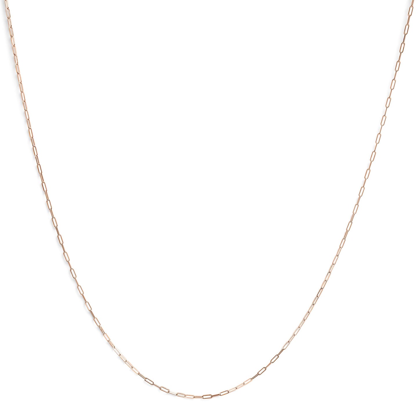 Close-up front view of a delicate rose chain with elongated links laid flat on a white background.