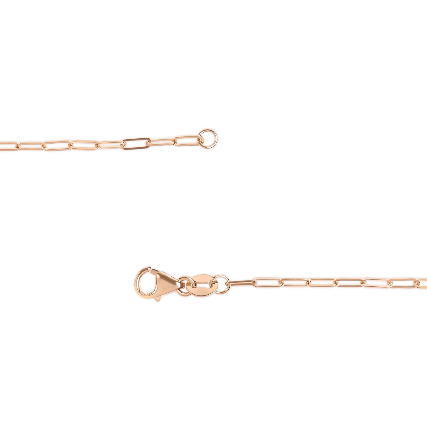 Close-up front view of a rose-colored chain with elongated links and a lobster clasp, displayed on a white background.